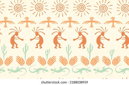 Kokopelli with flute, lizard, bird, spiral sun, hands and cactus ethnic vector seamless pattern. Hopi fertility god motif. Kokopelli dancer design. Southwestern ethnic pattern. Animals motif.