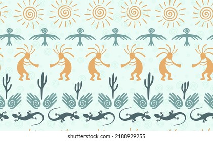 Kokopelli with flute, lizard, bird, spiral sun, hands and cactus ethnic vector seamless pattern. Anasazi fertility god motif. Kokopelli sorcerer design. Southwestern ethnic pattern. Animals motif.