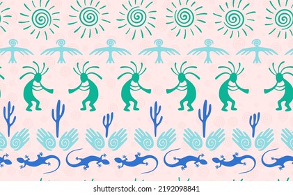 Kokopelli with flute, lizard, bird, spiral sun, hands and cactus ethnic vector seamless pattern. Indian fertility god motif. Kokopelli playing design. Southwestern ethnic pattern. Animals motif.