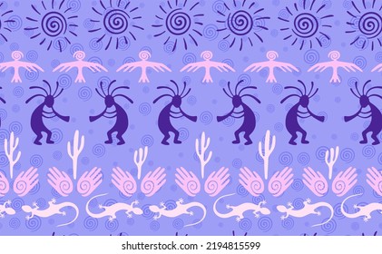 Kokopelli with flute, lizard, bird, spiral sun, hands and cactus ethnic vector seamless pattern. Pueblo fertility god motif. Kokopelli trickster design. Southwestern ethnic pattern. Animals motif.