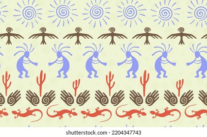 Kokopelli with flute, lizard, bird, spiral sun, hands and cactus ethnic vector seamless pattern. Anasazi fertility god motif. Kokopelli sorcerer design. Aboriginal ethnic pattern. Nature motif.