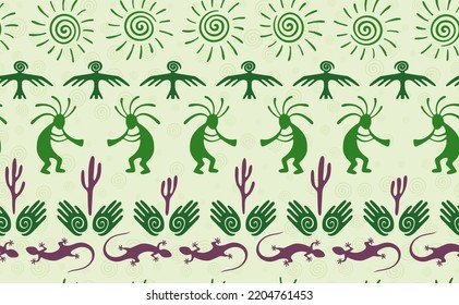 Kokopelli with flute, lizard, bird, spiral sun, hands and cactus ethnic vector seamless pattern. Aztec fertility god motif. Kokopelli wizard design. Aboriginal ethnic pattern. Nature motif.