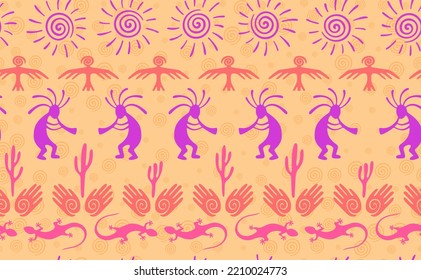 Kokopelli with flute, lizard, bird, spiral sun, hands and cactus ethnic vector seamless pattern. Anasazi fertility god motif. Kokopelli dancer design. Aboriginal ethnic pattern. Animals motif.