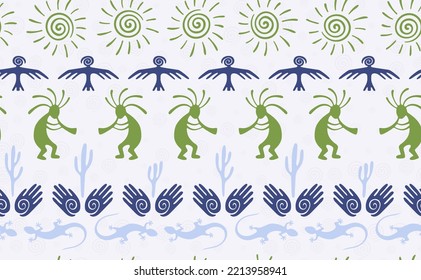 Kokopelli with flute, lizard, bird, spiral sun, hands and cactus ethnic vector seamless pattern. Anasazi fertility god motif. Kokopelli sorcerer design. Native american folk pattern. Nature motif.