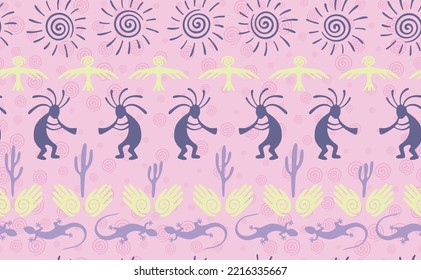 Kokopelli with flute, lizard, bird, spiral sun, hands and cactus ethnic vector seamless pattern. Indian fertility god motif. Kokopelli trickster design. Aboriginal ethnic pattern. Nature motif.