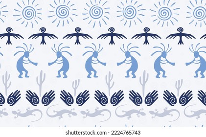 Kokopelli with flute, lizard, bird, spiral sun, hands and cactus ethnic vector seamless pattern. Pueblo fertility god motif. Kokopelli powwow design. Southwestern ethnic pattern. Animals motif.