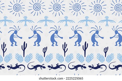 Kokopelli with flute, lizard, bird, spiral sun, hands and cactus ethnic vector seamless pattern. Hopi fertility god motif. Kokopelli powwow design. Aboriginal ethnic pattern. Nature motif.