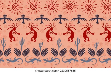 Kokopelli with flute, lizard, bird, spiral sun, hands and cactus ethnic vector seamless pattern. Indian fertility god motif. Kokopelli playing design. Native american folk pattern. Animals motif.