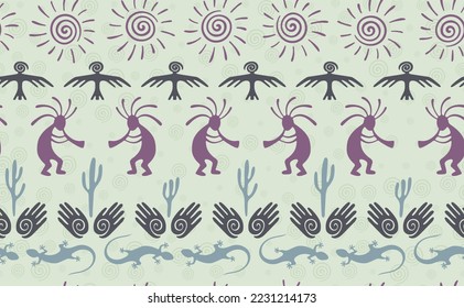 Kokopelli with flute, lizard, bird, spiral sun, hands and cactus ethnic vector seamless pattern. Aztec fertility god motif. Kokopelli sorcerer design. Aboriginal ethnic pattern. Animals motif.