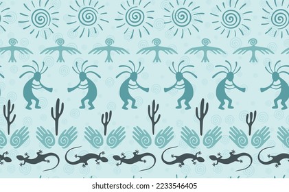 Kokopelli with flute, lizard, bird, spiral sun, hands and cactus ethnic vector seamless pattern. Aztec fertility god motif. Kokopelli sorcerer design. Aboriginal ethnic pattern. Nature motif.