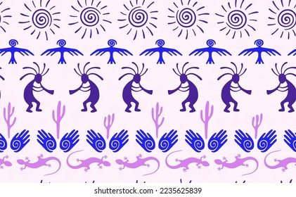 Kokopelli with flute, lizard, bird, spiral sun, hands and cactus ethnic vector seamless pattern. Aztec fertility god motif. Kokopelli dancer design. Aboriginal ethnic pattern. Animals motif.