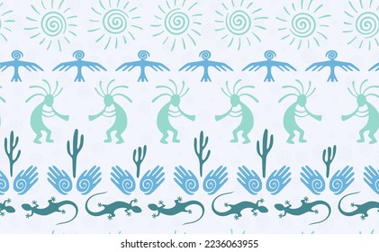 Kokopelli with flute, lizard, bird, spiral sun, hands and cactus ethnic vector seamless pattern. Indian fertility god motif. Kokopelli playing design. Aboriginal ethnic pattern. Nature motif.