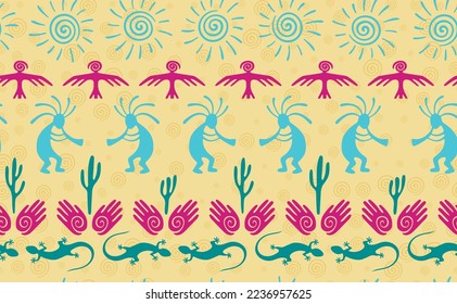 Kokopelli with flute, lizard, bird, spiral sun, hands and cactus ethnic vector seamless pattern. Pueblo fertility god motif. Kokopelli trickster design. Southwestern ethnic pattern. Animals motif.