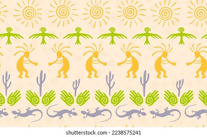 Kokopelli with flute, lizard, bird, spiral sun, hands and cactus ethnic vector seamless pattern. Aztec fertility god motif. Kokopelli trance design. Native american folk pattern. Nature motif.