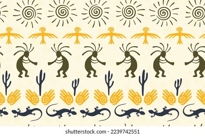 Kokopelli with flute, lizard, bird, spiral sun, hands and cactus ethnic vector seamless pattern. Pueblo fertility god motif. Kokopelli trickster design. Southwestern ethnic pattern. Nature motif.