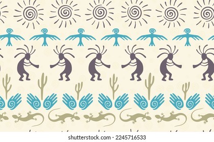Kokopelli with flute, lizard, bird, spiral sun, hands and cactus ethnic vector seamless pattern. Indian fertility god motif. Kokopelli wizard design. Southwestern ethnic pattern. Nature motif.