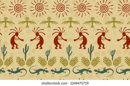 Kokopelli with flute, lizard, bird, spiral sun, hands and cactus ethnic vector seamless pattern. Hopi fertility god motif. Kokopelli sorcerer design. Southwestern ethnic pattern. Animals motif.