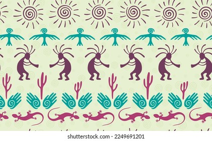Kokopelli with flute, lizard, bird, spiral sun, hands and cactus ethnic vector seamless pattern. Indian fertility god motif. Kokopelli dancer design. Native american folk pattern. Nature motif.