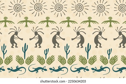 Kokopelli with flute, lizard, bird, spiral sun, hands and cactus ethnic vector seamless pattern. Anasazi fertility god motif. Kokopelli dancer design. Southwestern ethnic pattern. Animals motif.