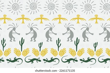 Kokopelli with flute, lizard, bird, spiral sun, hands and cactus ethnic vector seamless pattern. Pueblo fertility god motif. Kokopelli sorcerer design. Aboriginal ethnic pattern. Animals motif.