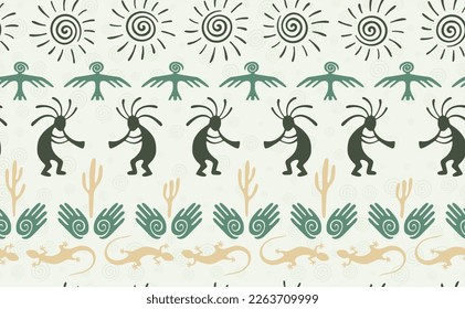 Kokopelli with flute, lizard, bird, spiral sun, hands and cactus ethnic vector seamless pattern. Anasazi fertility god motif. Kokopelli trance design. Native american folk pattern. Animals motif.