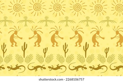 Kokopelli with flute, lizard, bird, spiral sun, hands and cactus ethnic vector seamless pattern. Hopi fertility god motif. Kokopelli trance design. Southwestern ethnic pattern. Animals motif.