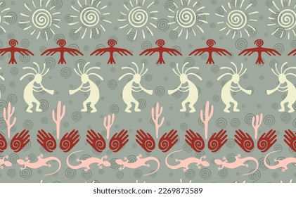 Kokopelli with flute, lizard, bird, spiral sun, hands and cactus ethnic vector seamless pattern. Anasazi fertility god motif. Kokopelli sorcerer design. Aboriginal ethnic pattern. Nature motif.