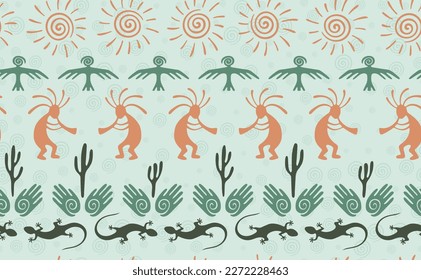 Kokopelli with flute, lizard, bird, spiral sun, hands and cactus ethnic vector seamless pattern. Aztec fertility god motif. Kokopelli playing design. Aboriginal ethnic pattern. Nature motif.