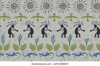 Kokopelli with flute, lizard, bird, spiral sun, hands and cactus ethnic vector seamless pattern. Aztec fertility god motif. Kokopelli sorcerer design. Southwestern ethnic pattern. Nature motif.