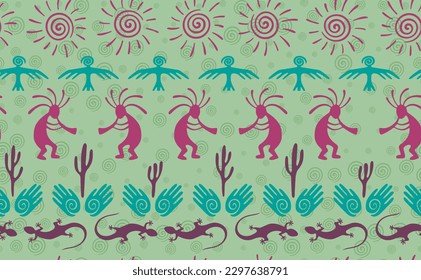 Kokopelli with flute, lizard, bird, spiral sun, hands and cactus ethnic vector seamless pattern. Aztec fertility god motif. Kokopelli trickster design. Southwestern ethnic pattern. Nature motif.