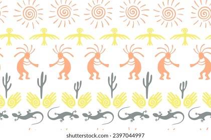 Kokopelli with flute, lizard, bird, spiral sun, hands and cactus ethnic vector seamless pattern. Anasazi fertility god motif. Kokopelli sorcerer design. Aboriginal ethnic pattern. Nature motif.