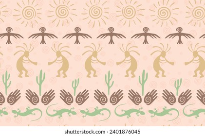Kokopelli with flute, lizard, bird, spiral sun, hands and cactus ethnic vector seamless pattern. Anasazi fertility god motif. Kokopelli powwow design. Aboriginal ethnic pattern. Nature motif.