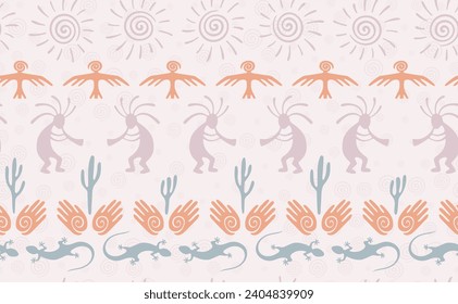 Kokopelli with flute, lizard, bird, spiral sun, hands and cactus ethnic vector seamless pattern. Indian fertility god motif. Kokopelli powwow design. Aboriginal ethnic pattern. Animals motif.