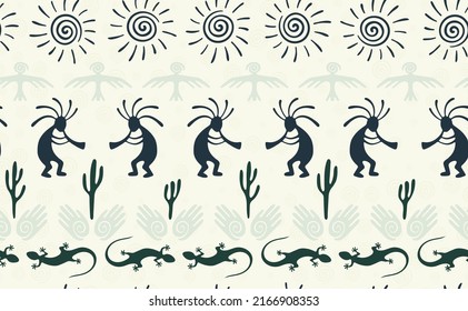 Kokopelli con flauta, lagarto, águila, sol helix, manos y cactus de tipo vector étnico sin fisuras. Motivo del dios de la fertilidad en Pueblo. Diseño de juego de Kokopelli. Motivo de los animales.