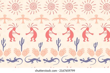 Kokopelli with flute, lizard, eagle, helix sun, hands and cactus ethnic vector seamless pattern. Pueblo fertility god motif. Kokopelli trickster design. Native american folk pattern. Animals motif.