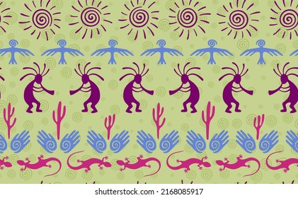 Kokopelli with flute, lizard, eagle, helix sun, hands and cactus ethnic vector seamless pattern. Aztec fertility god motif. Kokopelli playing design. Native american folk pattern. Animals motif.