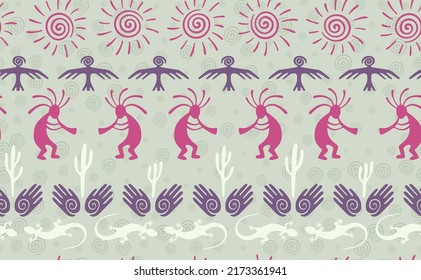 Kokopelli with flute, lizard, eagle, helix sun, hands and cactus ethnic vector seamless pattern. Indian fertility god motif. Kokopelli sorcerer design. Southwestern ethnic pattern. Animals motif.