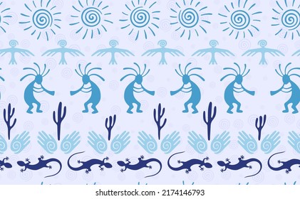 Kokopelli with flute, lizard, eagle, helix sun, hands and cactus ethnic vector seamless pattern. Pueblo fertility god motif. Kokopelli wizard design. Southwestern ethnic pattern. Animals motif.
