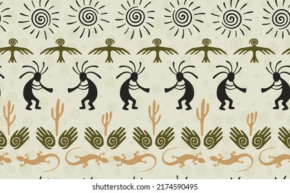 Kokopelli with flute, lizard, eagle, helix sun, hands and cactus ethnic vector seamless pattern. Pueblo fertility god motif. Kokopelli sorcerer design. Native american folk pattern. Nature motif.