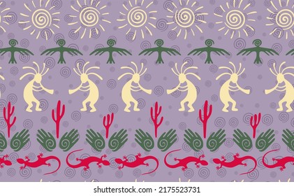 Kokopelli with flute, lizard, eagle, helix sun, hands and cactus ethnic vector seamless pattern. Hopi fertility god motif. Kokopelli trickster design. Native american folk pattern. Animals motif.