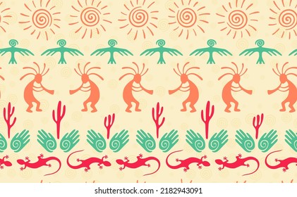 Kokopelli with flute, lizard, eagle, helix sun, hands and cactus ethnic vector seamless pattern. Pueblo fertility god motif. Kokopelli sorcerer design. Native american folk pattern. Nature motif.