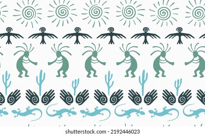 Kokopelli with flute, lizard, eagle, helix sun, hands and cactus ethnic vector seamless pattern. Anasazi fertility god motif. Kokopelli wizard design. Aboriginal ethnic pattern. Nature motif.