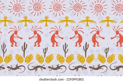 Kokopelli with flute, lizard, eagle, helix sun, hands and cactus ethnic vector seamless pattern. Pueblo fertility god motif. Kokopelli powwow design. Aboriginal ethnic pattern. Nature motif.
