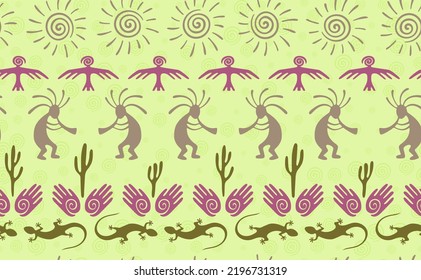 Kokopelli with flute, lizard, eagle, helix sun, hands and cactus ethnic vector seamless pattern. Aztec fertility god motif. Kokopelli dancer design. Native american folk pattern. Nature motif.