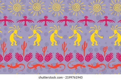 Kokopelli with flute, lizard, eagle, helix sun, hands and cactus ethnic vector seamless pattern. Hopi fertility god motif. Kokopelli sorcerer design. Aboriginal ethnic pattern. Animals motif.