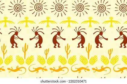 Kokopelli with flute, lizard, eagle, helix sun, hands and cactus ethnic vector seamless pattern. Pueblo fertility god motif. Kokopelli powwow design. Southwestern ethnic pattern. Nature motif.