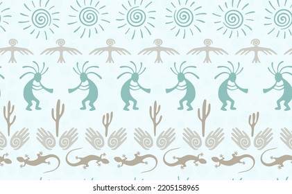 Kokopelli with flute, lizard, eagle, helix sun, hands and cactus ethnic vector seamless pattern. Pueblo fertility god motif. Kokopelli powwow design. Southwestern ethnic pattern. Nature motif.