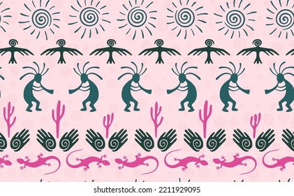Kokopelli with flute, lizard, eagle, helix sun, hands and cactus ethnic vector seamless pattern. Aztec fertility god motif. Kokopelli powwow design. Aboriginal ethnic pattern. Animals motif.