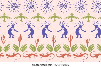 Kokopelli with flute, lizard, eagle, helix sun, hands and cactus ethnic vector seamless pattern. Hopi fertility god motif. Kokopelli dancer design. Native american folk pattern. Nature motif.