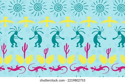 Kokopelli with flute, lizard, eagle, helix sun, hands and cactus ethnic vector seamless pattern. Hopi fertility god motif. Kokopelli dancer design. Southwestern ethnic pattern. Nature motif.